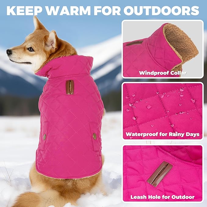 Dog Coat, Warm Soft Dog Winter Coats for Small Dogs, Waterproof Windproof Dogs Adjustable Jacket with Fleece Lined Turtleneck Doggy Snowsuit with Leash Hole, Rose Red Large