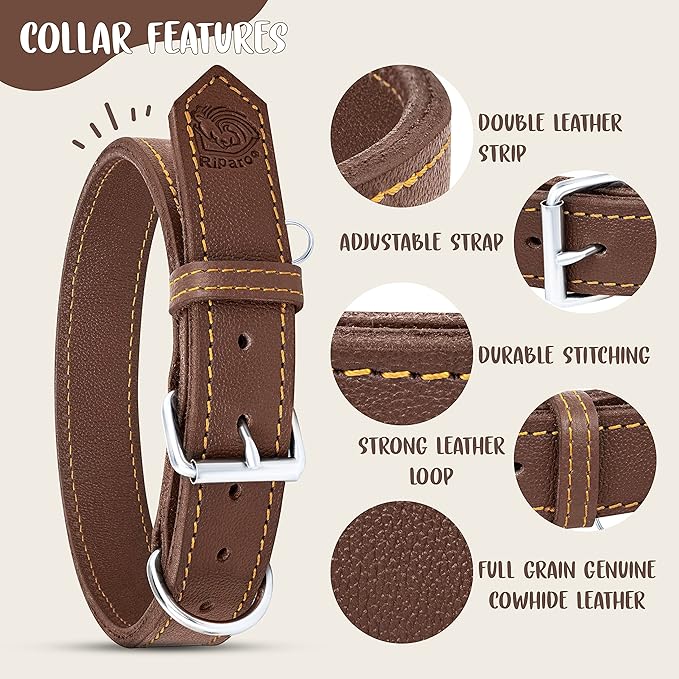 Riparo Dog Collar - Genuine Leather Dog Collars - Heavy Duty Dog Collar for Medium Large and Extra Large Dog Breeds (XL: 1.5” Wide for 22” - 26” Neck, Brown)