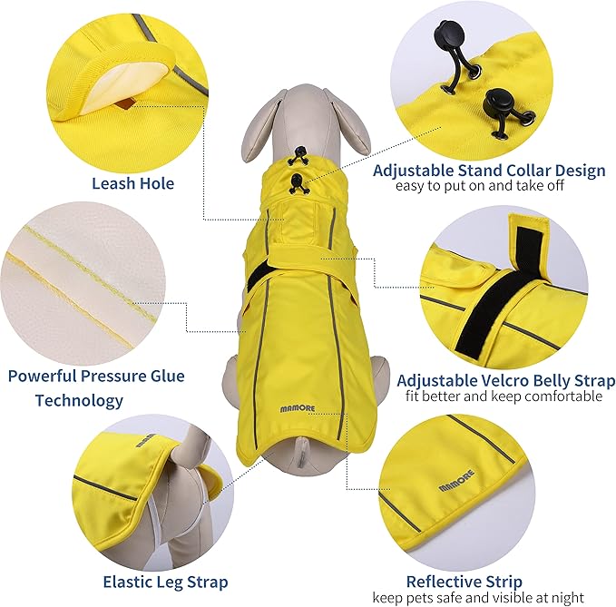 Waterproof Dog Raincoat with Reflective Strip, Adjustable Breathable Rain Coat Jacket with Leash Hole for Dogs (Yellow, X-Small)