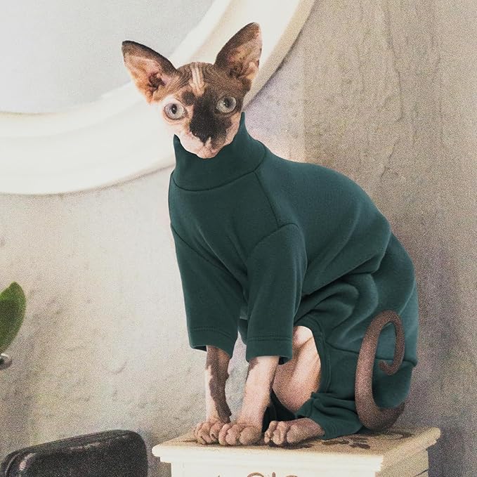 ROZKITCH Hairless Cat Clothes, Breathable Soft Jumpers for Cats Only, Coat with Four Legs, Warm Sweater T-Shirt Cat Pajamas Jumpsuit Vest Cornish Rex Devon Rex Peterbald DarkGreen 2XL