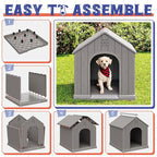 Dog House Outdoor Indoor, Plastic Small Dog House-Weatherproof & Insulated Design with Air Vents & Elevated Floor for Small to Medium Dogs, Easy Clean and Assemble (Grey)
