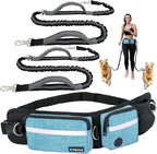 PetAmi Hands Free Dog Leash, Dog Running Leash Belt Bag for Walking, Jogging, Dog Waist Double Zipper Pouch with Poop Bag Dispenser, Dual Padded Handles Reflective Bungee Leash, Double (Turquoise)