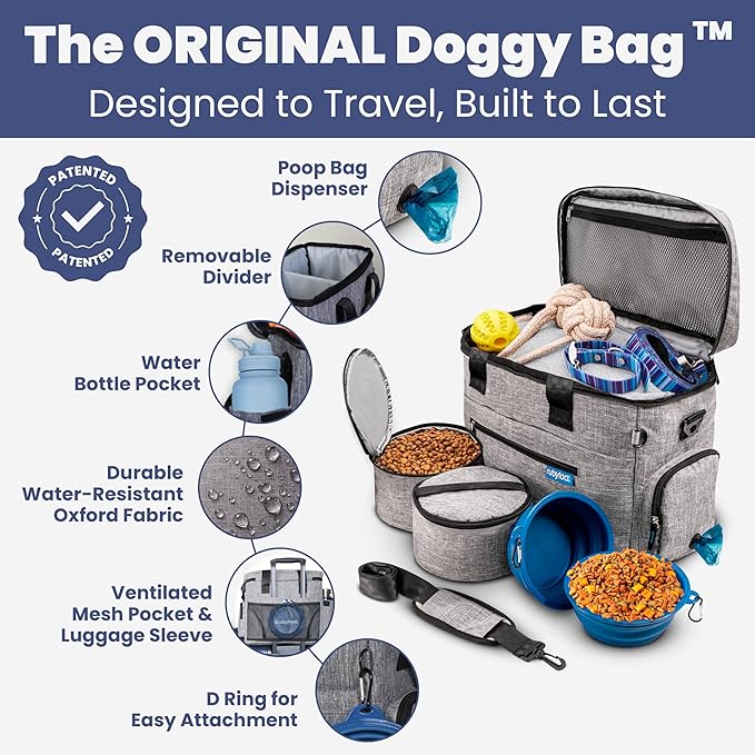 The Original Doggy Bag™ - Complete Dog Travel Bag for Supplies with 2 BPA-Free Travel Dog Bowls & 2 Pet Food Containers - Traveling Kit for Road Trips, Camping, Weekend Away or Doggy Gift - Grey
