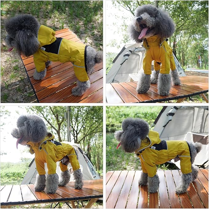 LOVELONGLONG Waterproof Dog Raincoat with Removable Hood – Outdoor Full Body Dog Jacket, Windproof Snowproof Shell Suit – All Season Pet Rain Gear Mustard Yellow 3XL