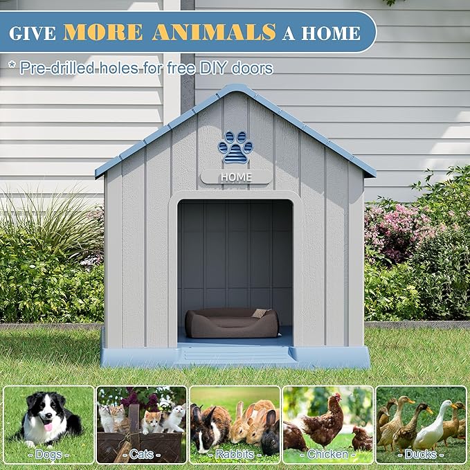 Dog House for Outdoor & Indoor Use with Window, Waterproof Ventilated Kennel with Elevated Floor, Easy to Clean Shelter for Small Medium Large Dogs (Blue, 37.2" L x 40" W x 40" H)
