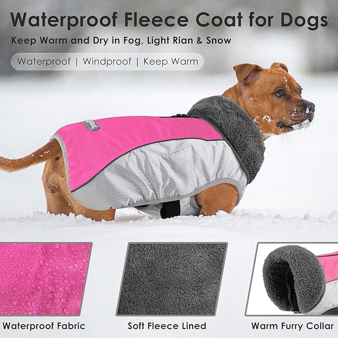 Dog Coat, Waterproof Ripstop Dog Winter Jacket with Leash Hole, Reflective Adjustable Warm Pet Fleece Snow Sweater for Small Medium Large Dogs - Pink, M