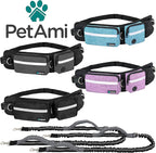 PetAmi Hands Free Dog Leash, Running Leash Belt Bag for Walking, Jogging, Waist Double Zipper Pouch with Poop Dispenser, Dual Padded Handles Reflective Bungee Double, Purple, 2 Leashes