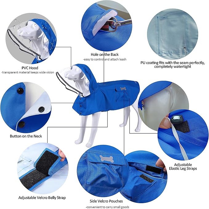 Waterproof Dog Raincoat, Adjustable Reflective Lightweight Pet Rain Clothes with Poncho Hood (3X-Large, Blue)