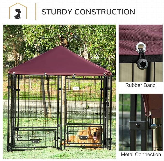 PawHut 4.6' x 4.6' x 5' Outdoor Dog Kennel, Welded Wire Dog Kennel Outside Run with 360° Rotating Bowls, Waterproof & UV Resistant Cover, for S&M Breeds, Chickens, Ducks, Red