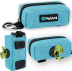 PetAmi Dog Poop Bag Holder for Leash Attachment, Doggie Zipper Pouch Soft Fabric Poop Bag Carrier, Dog Pet Waste Bag Dispenser with Carabiner Clip, 1 Roll of Dog Trash Bag (Blue, 1 Pack)