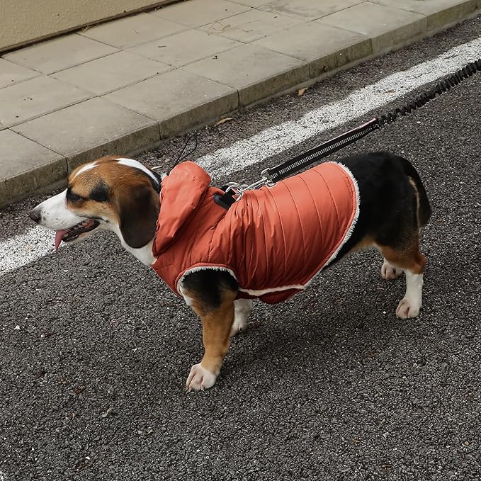 Fleece Lining Dog Hoodie with Harness Built in,Extra Warm Large Dog Jacket in Winter Doggie Coats with Drawstring Hooded,Orange XXXL