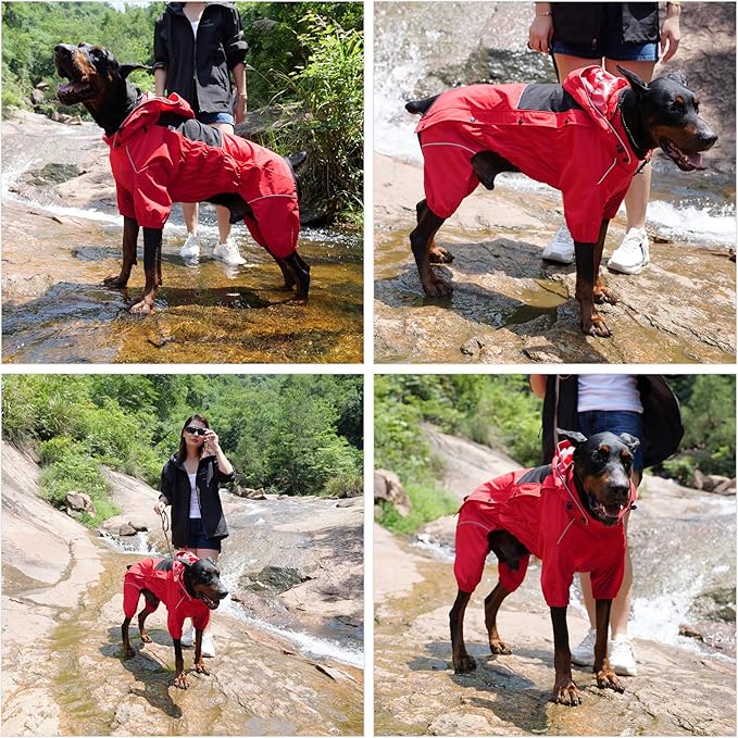 LOVELONGLONG Fleece-Lined Dog Raincoat with Removable Hood – Waterproof Winter Full Body Dog Jacket – Windproof Snowproof Cold-Weather Suit – Red-F XL