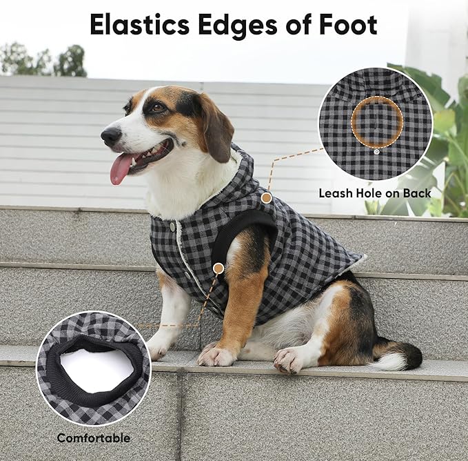 Fleece Lining Dog Hoodie for Small Dogs Extra Warm Plaid Sweater with Drawstring Hooded Coats in Winter Puppy Jacket,Black S