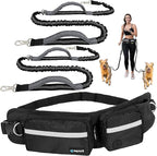 PetAmi Hands Free Dog Leash, Dog Running Leash Belt Bag for Walking, Jogging, Dog Waist Double Zipper Pouch with Poop Bag Dispenser, Dual Padded Handles Reflective Bungee Leash, Double (Black)