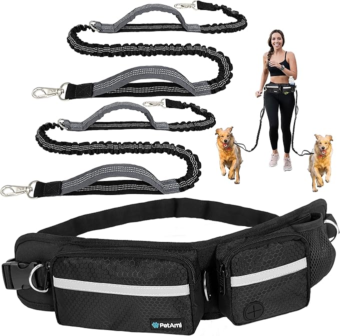 PetAmi Hands Free Dog Leash, Dog Running Leash Belt Bag for Walking, Jogging, Dog Waist Double Zipper Pouch with Poop Bag Dispenser, Dual Padded Handles Reflective Bungee Leash, Double (Black)