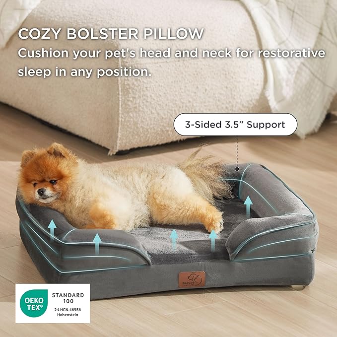 Bedsure Small Orthopedic Dog Bed - Washable Bolster Dog Sofa Beds for Small Dogs, Supportive Foam Pet Couch Bed with Removable Washable Cover, Waterproof Lining and Nonskid Bottom Couch, Dark Grey