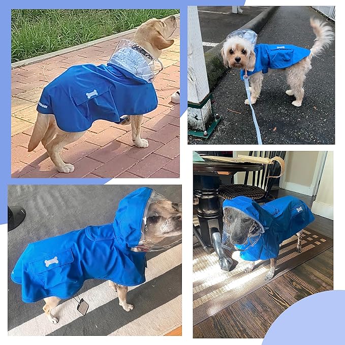 Waterproof Dog Raincoat, Adjustable Reflective Lightweight Pet Rain Clothes with Poncho Hood (4X-Large, Blue)