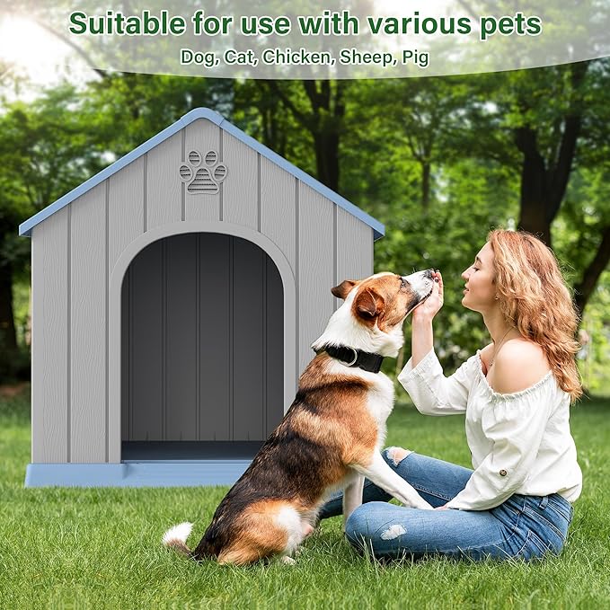 Large Dog House for Outdoor & Indoor, Waterproof Puppy Shelter with Air Vents & Elevated Floor, Easy Assemble Sturdy Dog Kennel for Large Dogs(Blue,36.2''L×38''W×38''H)