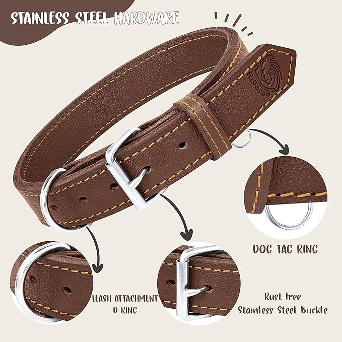 Riparo Dog Collar - Genuine Leather Dog Collars - Heavy Duty Dog Collars for Medium Large and Extra Large Dog Breeds (L: 1.25” Wide for 18” - 22” Neck, Brown)