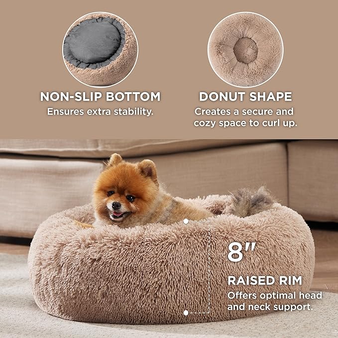 Bedsure Calming Cat Beds for Indoor Cats - Small Cat Bed Washable 20 inches, Anti-Slip Round Fluffy Plush Faux Fur Pet Bed, Fits up to 15 lbs Pets, Camel