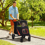 PawHut Dog Stroller for Large Medium Small Dogs up to 66 Lbs. 23.5" in Body Length, One-Click Foldable Pet Cat Stroller with Storage, Shock Absorption Wheels, Mesh Window, Safety Leash, Black