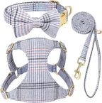 Beirui Cute Extra Small Dog Harness Collar and Leash Set with Bowtie, Soft Adjustable Plaid Puppy Harness for Small Sized Dogs Cats Walks Parties and Photoshoots(Blue,XXS:Chest 12-14")