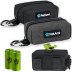 PetAmi Dog Poop Bag Holder for Leash Attachment, Doggie Zipper Pouch Soft Fabric Poop Bag Carrier, Dog Pet Waste Bag Dispenser with Carabiner Clip, 1 Roll of Dog Trash Bag (Black/Gray, 2 Pack)