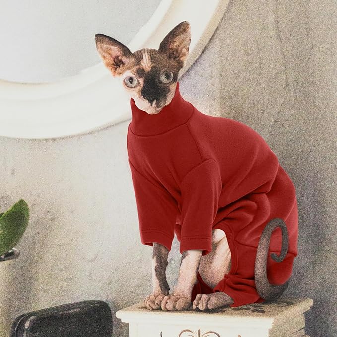 ROZKITCH Sphynx Clothes for Cats, Breathable Soft Cat Jumpers for Cats Only, Cat Coat with Four Legs, Warm Sweater T-Shirt Pajamas Jumpsuit Vest Cornish Rex Devon Rex Peterbald Red 2XL