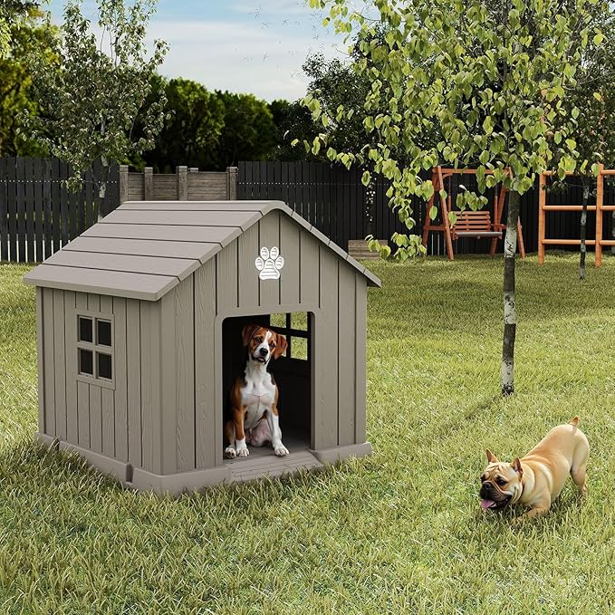 EasyUp Dog House Outdoor Indoor,Dog House Weatherproof Resin Shelter with Air Vents and Elevated Floor for Small Medium Large Dogs,Easy Clean and Assemble(37.8 * 40.87 * 38.82in,Coffee)