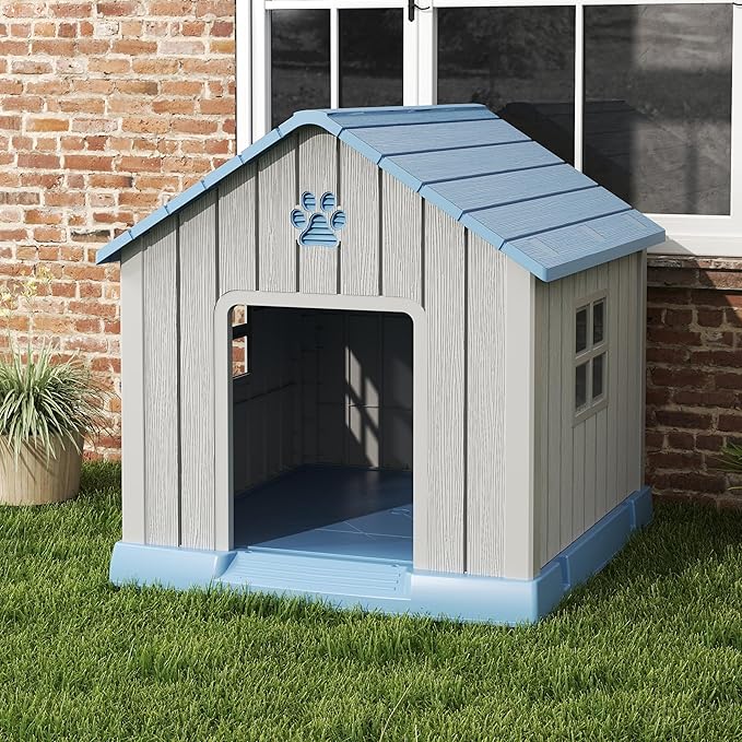Dog House for Outdoor & Indoor Use with Window, Waterproof Ventilated Kennel with Elevated Floor, Easy to Clean Shelter for Small Medium Large Dogs (Blue, 29.9" L x 32.3" W x 32.5" H)