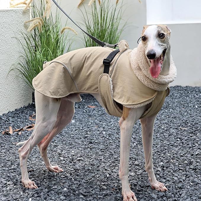 Adjustable Dog Coat with Harness Slot, Waterproof Fleece Lined Winter Jacket, Windproof Reflective Pet Vest for Cold Weather for Small Medium Large Dogs (Beige, Large)