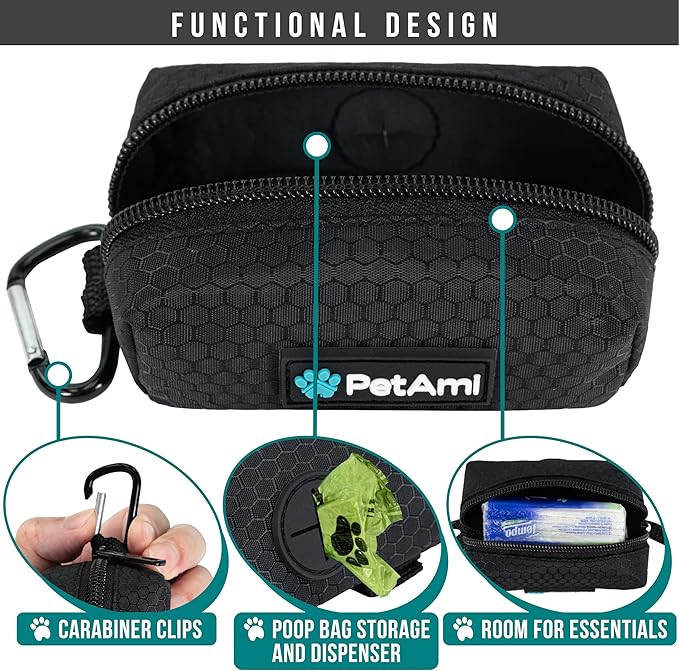PetAmi Dog Poop Bag Holder for Leash Doggie Waste Bag Dispenser with Clip & Velcro Belt for Puppy Potty Walking Accessories Travel Camping Pet Supplies Zipper Pouch with Trash Bag Roll, Black 1 Pack