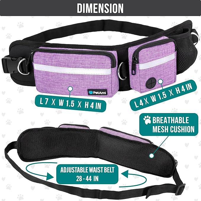 PetAmi Hands Free Dog Leash, Running Leash Belt Bag for Walking, Jogging, Waist Double Zipper Pouch with Poop Dispenser, Dual Padded Handles Reflective Bungee Double, Purple, 2 Leashes