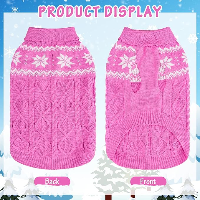Warm Winter Pink Dog Sweater - Female Cold Weather Pet Clothes for Small Medium Large Dogs Girl Indoor Outdoor, Soft Classic Knit Puppy Apparel Coat