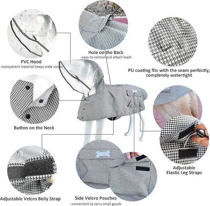 Waterproof Dog Raincoat, Adjustable Reflective Lightweight Pet Rain Clothes with Poncho Hood(Medium,Black&White)