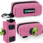 PetAmi Dog Poop Bag Holder for Leash Attachment, Doggie Zipper Pouch Soft Fabric Poop Bag Carrier, Dog Pet Waste Bag Dispenser with Carabiner Clip, 1 Roll of Dog Trash Bag (Pink, 1 Pack)
