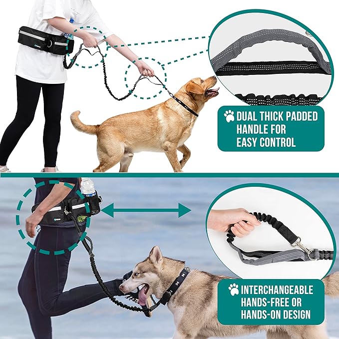 PetAmi Hands Free Dog Leash, Dog Running Leash Belt Bag for Walking, Jogging, Dog Waist Double Zipper Pouch with Poop Bag Dispenser, Dual Padded Handles Reflective Bungee Leash, Single (Black)