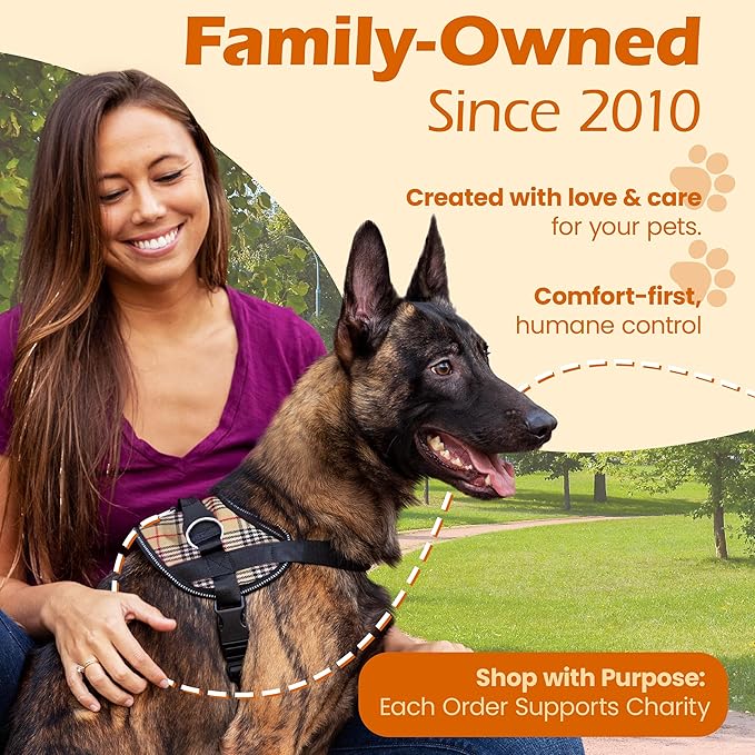 Bark Appeal Tan Plaid No-Pull Dog Harness for Extra Large Sized Pets – Adjustable, Reflective Vest with 3 Leash Clips for Added Control, Easy Walks & Training – XXL