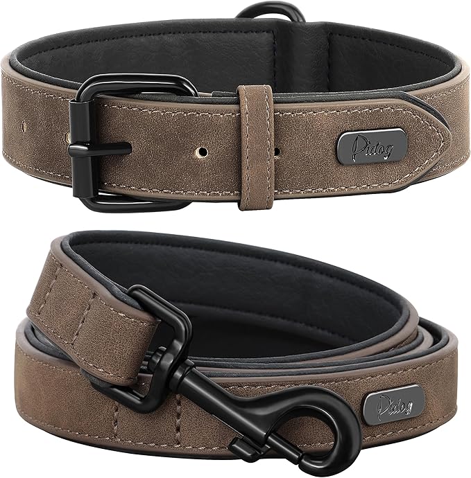 Didog Soft Padded Leather Dog Collar and Leash Set, Adjustable Dog Leash and Collar Set with Metal Buckle, Breathable Dog Collars with 4FT Leather Dog Leash for Small Medium Large Dogs, Brown, XL