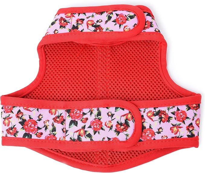 Mile High Life Velcro Dog Harness, Air Mesh Floral Vest Harness for 20 lbs Small Dogs & Cats, Easy Get on Adjustable Easy Closures Both Neck and Chest(Peony Rose, S Chest 16"-18")