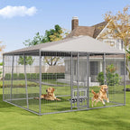 10 x 10 x 7FT Large Outdoor Dog Kennel with Large Feeding Bowls, Dog Kennel Outside with Roof, Galvanized Heavy Duty Chain Link Outdoor Dog Run Cage with Cover and Secure Lock