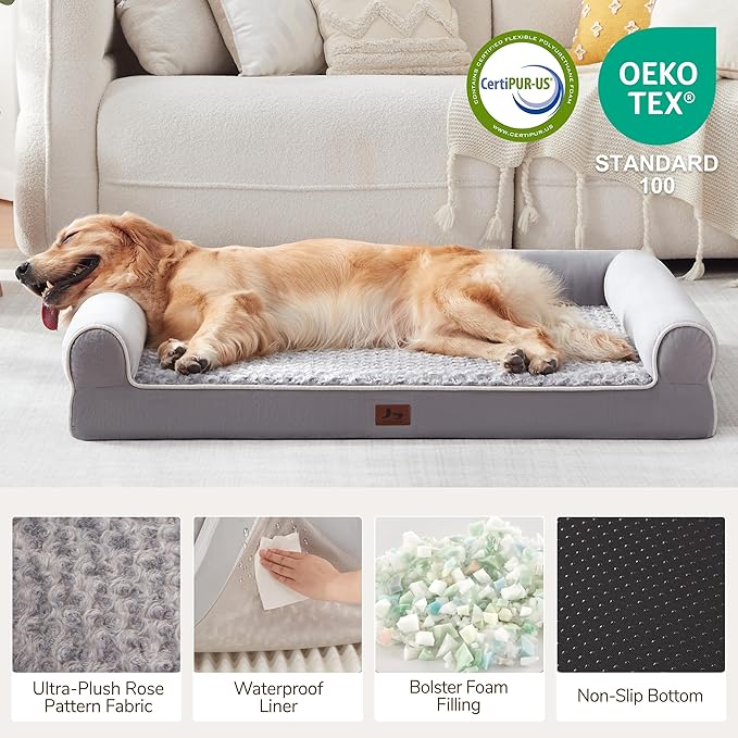 Orthopedic XL Dog Beds, Waterproof Pet Bed for Extra Large Dogs, Non-Slip Bottom and Egg-Crate Foam Large Pet Couch Sofa with Washable Removable Cover, Light Grey