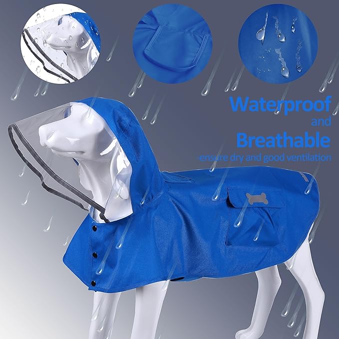 Waterproof Dog Raincoat, Adjustable Reflective Lightweight Pet Rain Clothes with Poncho Hood (4X-Large, Blue)
