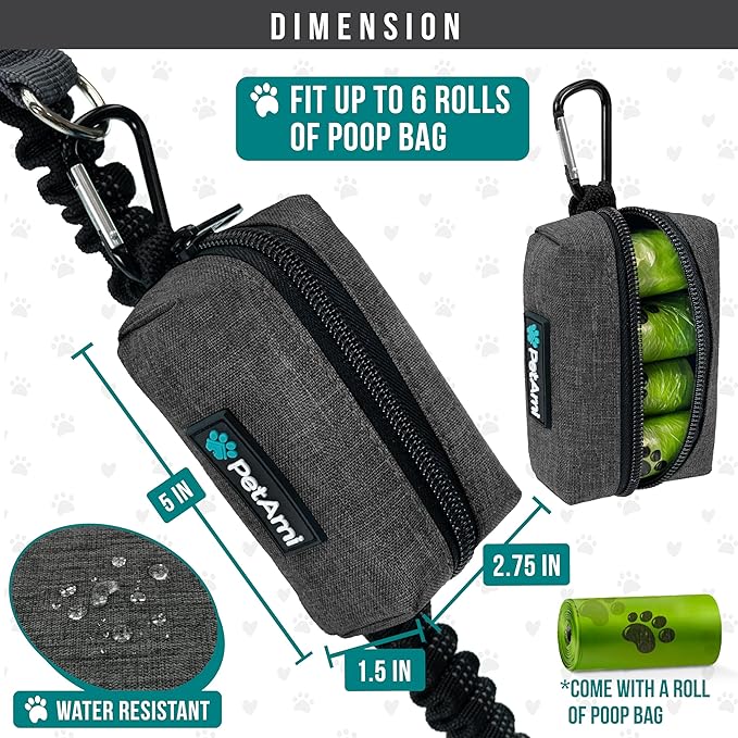 PetAmi Dog Poop Bag Holder for Leash Doggie Waste Bag Dispenser with Clip & Velcro Belt for Puppy Potty Walking Accessories Travel Camping Pet Supplies Zipper Pouch with Trash Bag Roll, Gray 1 Pack