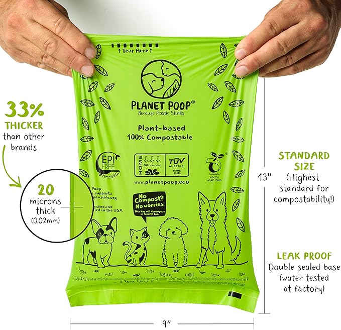 PLANET POOP Home Compostable Dog Poop Bags on Refill Rolls, 240 Un-Scented Pet Waste Bags, Thick Leakproof Plant-Based Doggy Bag, Cat & Dogs Supplies