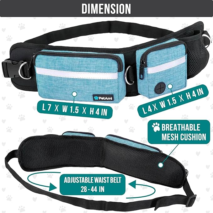 PetAmi Hands Free Dog Leash, Dog Running Leash Belt Bag for Walking, Jogging, Dog Waist Double Zipper Pouch with Poop Bag Dispenser, Dual Padded Handles Reflective Bungee Leash, Double (Turquoise)