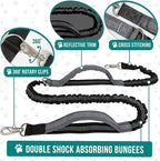PetAmi Hands Free Dog Leash, Running Leash Belt Bag for Walking, Jogging, Waist Double Zipper Pouch with Poop Dispenser, Dual Padded Handles Reflective Bungee Double, Purple, 2 Leashes