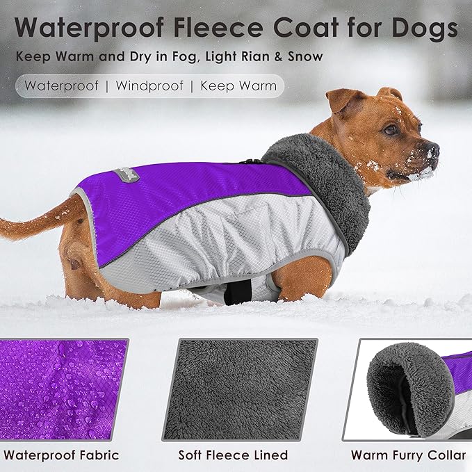 Dog Coat, Waterproof Ripstop Dog Winter Jacket with Leash Hole, Reflective Adjustable Warm Pet Fleece Snow Sweater for Small Medium Large Dogs - Purple, L