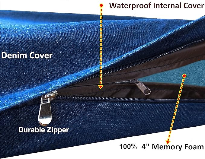 Dogbed4less Memory Foam Dog Bed for Large Dogs, Orthopedic Ultra Plush Mattress, Thick Waterproof Lining and Durable Blue Denim Cover, XXL