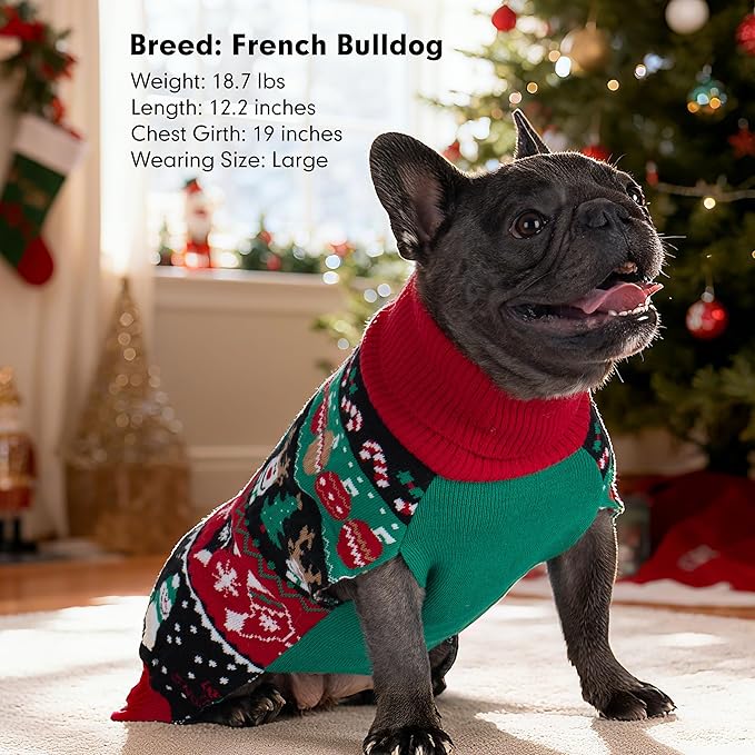 cyeollo Dog Christmas Sweater, Turtleneck Dog Sweaters for Small Dogs Girl & Boy Soft Pollover Doggy Clothes with Leash Hole Xmas Doggie Costumes, XL
